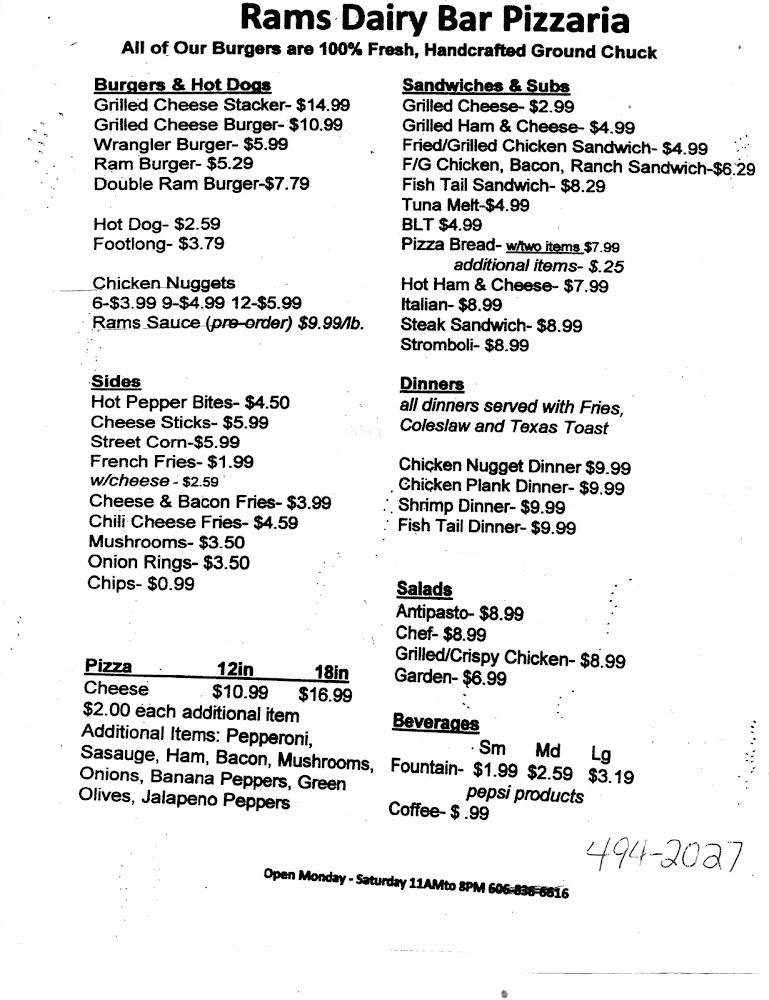 Rams Dairy Bar & Pizzaria Menu image 1